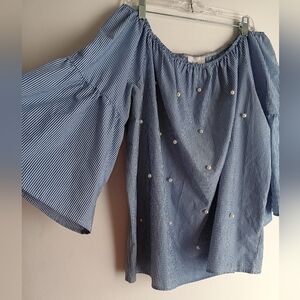 3 For $25🚨Elegant Blue Striped Blouse with Pearl Details